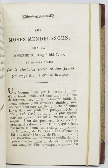 MIRABEAU / BENOIST, Sur Moses Mendelssohn, sur la réforme politique des Juifs : et en particulier sur la révolution tentée en leur faveur en 1753 dans la Grande Bretagne. Par le comte de Mirabeau. 1787 – Image 3