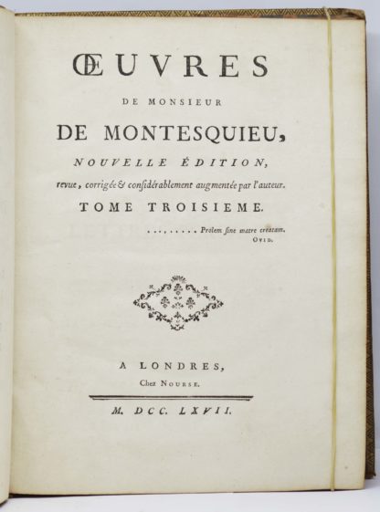 MONTESQUIEU, Œuvres de Monsieur de Montesquieu, nouvelle édition, revue, corrigée & considérablement augmentée par l’auteur. 1767 – Image 5
