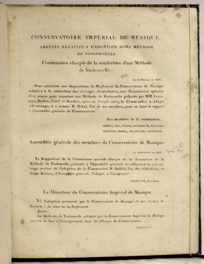 MUSIQUE XIXe SIECLE / VIOLONCELLE, Méthode de violoncelle et de basse d’acccompagnement. Rédigée par MMrs Baillot, Levasseur, Catel et Baudot. Adoptée par le Conservatoire impérial de Musique.... 1805 – Image 2