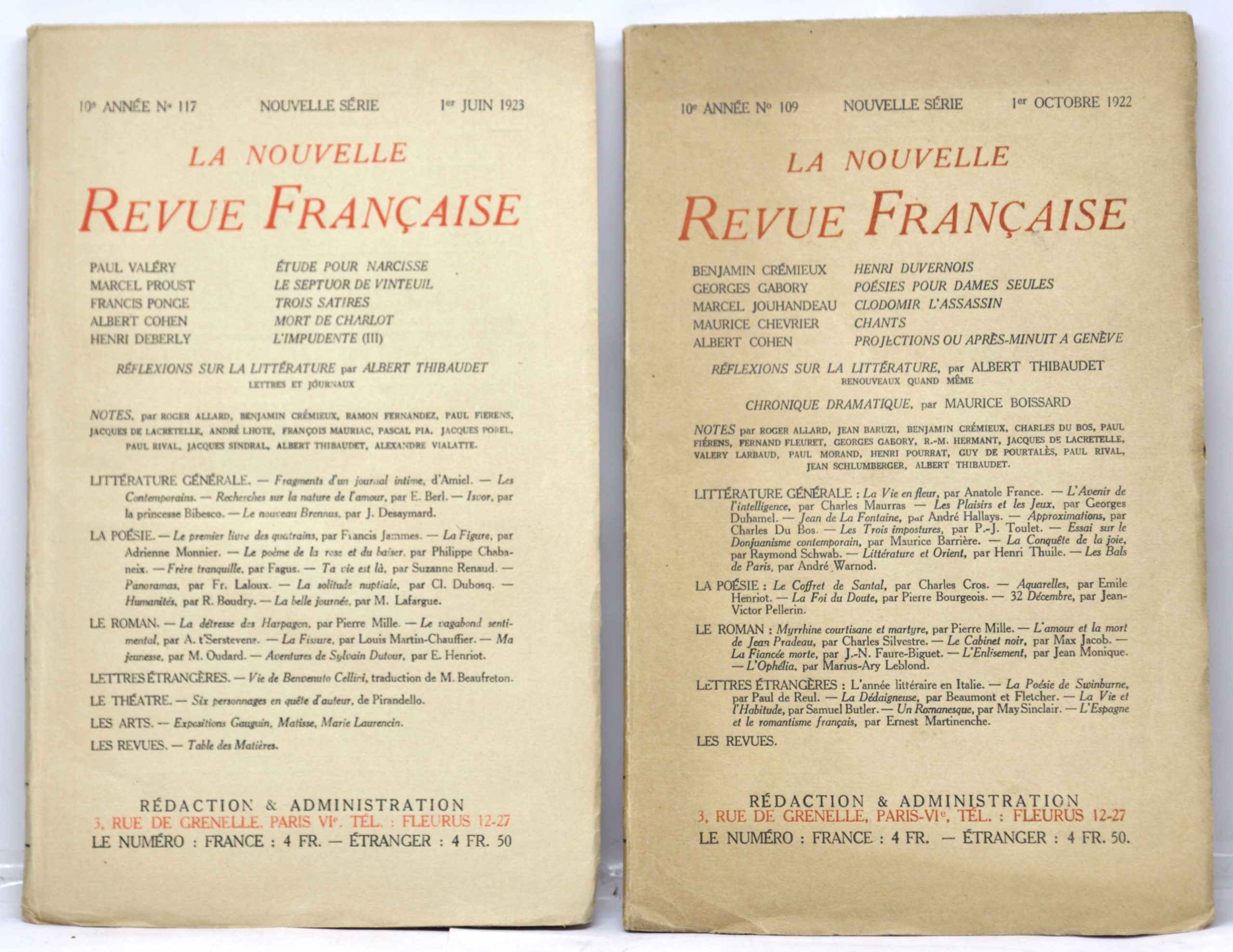 COHEN / COLLECTIF, Projections ou Après-minuit à Genève ( LA NOUVELLE REVUE FRANCAISE N° 109, 1er octobre 1922) + Mort de Charlot (LA NOUVELLE REVUE FRANCAISE N° 117, 1er juin 1923), 1922 - 1923