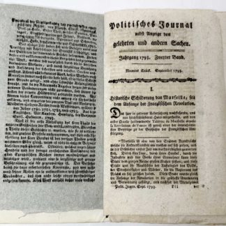 [VON SCHIRACH], Politisches Journal nebst Anzeige von gelehrten un andern Sachen. Jahrgang 1793. Neuntes Stück. Zweiter Band. September 1793