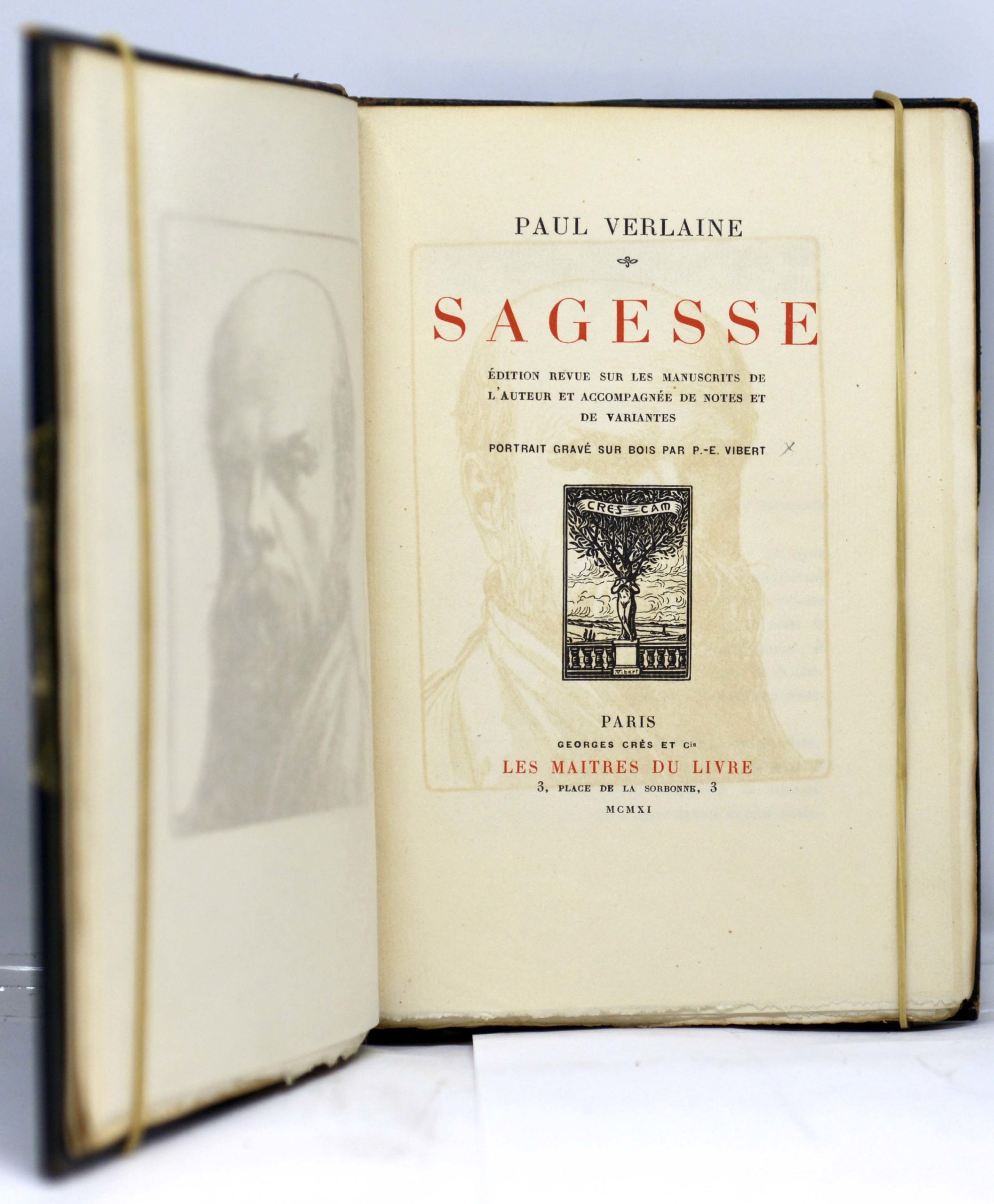VERLAINE / VIBERT (ill.), Sagesse, Édition revue sur les manuscrits de l’auteur et accompagnée de notes et de variantes. Portrait gravé sur bois par P.-E. Vibert. 1911 – Image 2