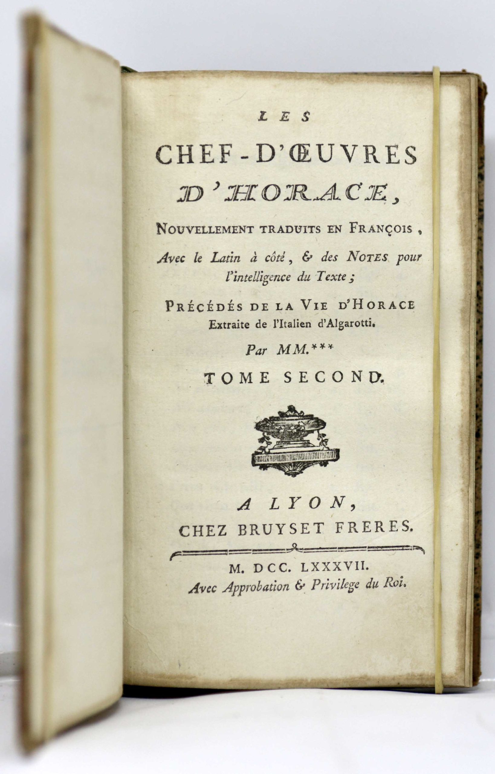 HORACE / ADAM, Les chef-d’œuvres d'Horace, nouvellement traduits en françois, avec le latin à côté, et des notes pour l'intelligence du texte; précédés de la vie d'Horace extraite de l'italien d'Algarotti, par MM.***. 1787 – Image 3